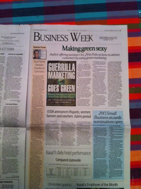 Shel Horowitz and his eighth book, Guerrilla Marketing Goes Green, were featured in this front-of-section article in Hawaii, 5000 miles/8000 km from his home
