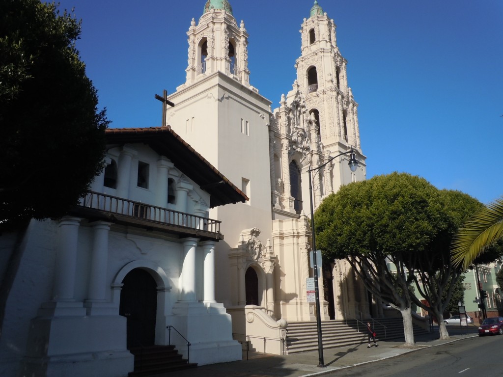 The original San Francisco mission (built 1785-91) and the neighboring basilica