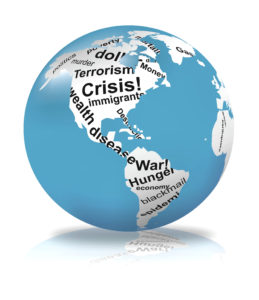 Globe showing various crises around the world