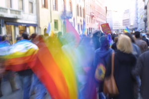 Rainbow Peace banner at a demonstration. Photo by Michele Migliarini