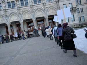 Demonstrators at the Connecticut State Capital as electors voted December 19, 2016. Photo by Shel Horowitz.