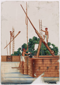 Three men on river structures with ladders and levers. Retrieved from https://digitalcollections.nypl.org/items/06e13eb0-8a8e-0131-0778-58d385a7bbd0