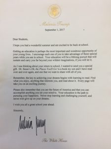 Melania's letter accompanying the book donation
