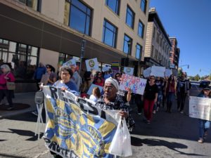 Marchers at a rally for racial justice and immigrant rights, Holyoke, MA. Photo by Shel Horowitz.