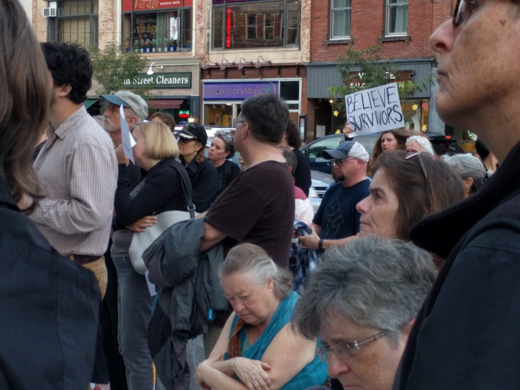 #WeBeleiveHer demonstration supporting Christine Blasey Ford -Northampton, MA, 9-27-18. Photo by Shel Horowitz
