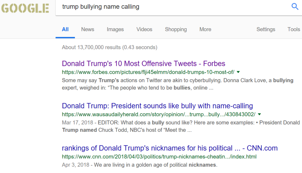 Forbes leads 13mm Google results on DT bullying (screenshot)