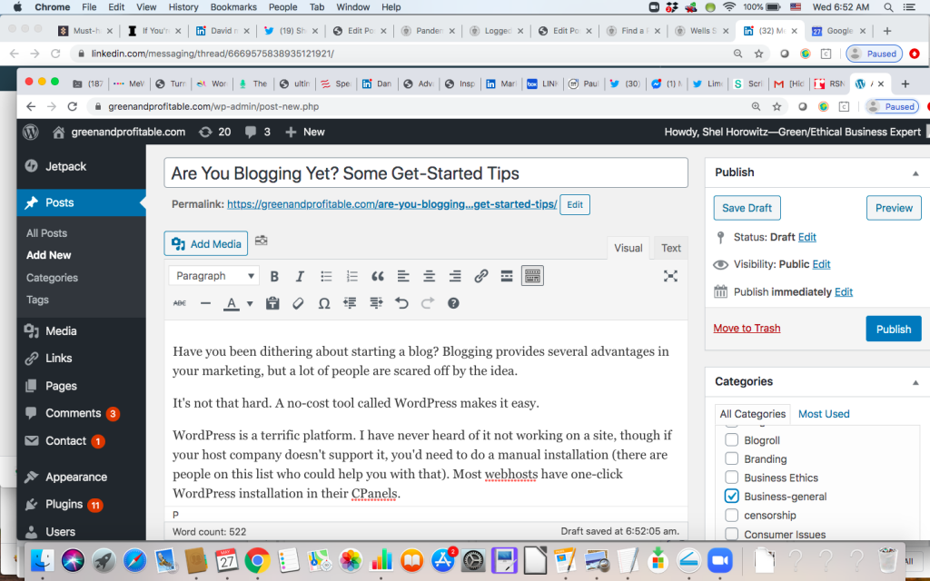 WordPress dashboard showing the ribbon, file naming, and text-editing window