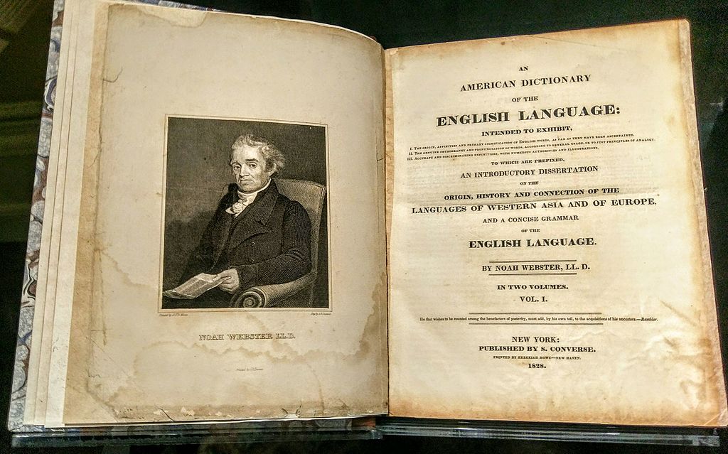 Noah Webster dictionary frontispiece and title page, 1828