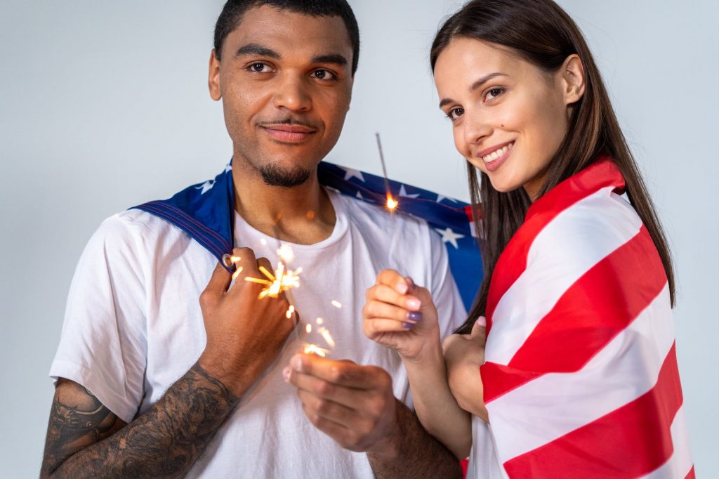 interracial couple in US flag regalia