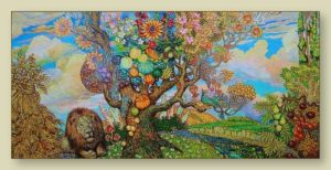 Abundance Tree by Anvar Saifutdinov: Painting of a green-colored male lion sitting under a large tree bearing many kinds of fruits and vegetables.