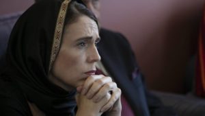 Jacinda Ardern of NZ in mourner's hijab, following the mass shooting at a New Zealand mosque. Credited to "Appaloosa" on Fliker